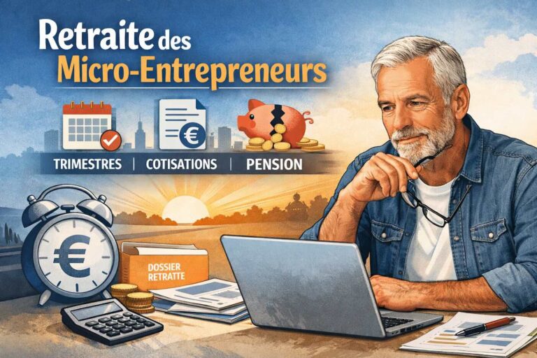 Micro-entrepreneur analysant ses droits à la retraite sur ordinateur, documents administratifs et relevé de carrière à l’appui.