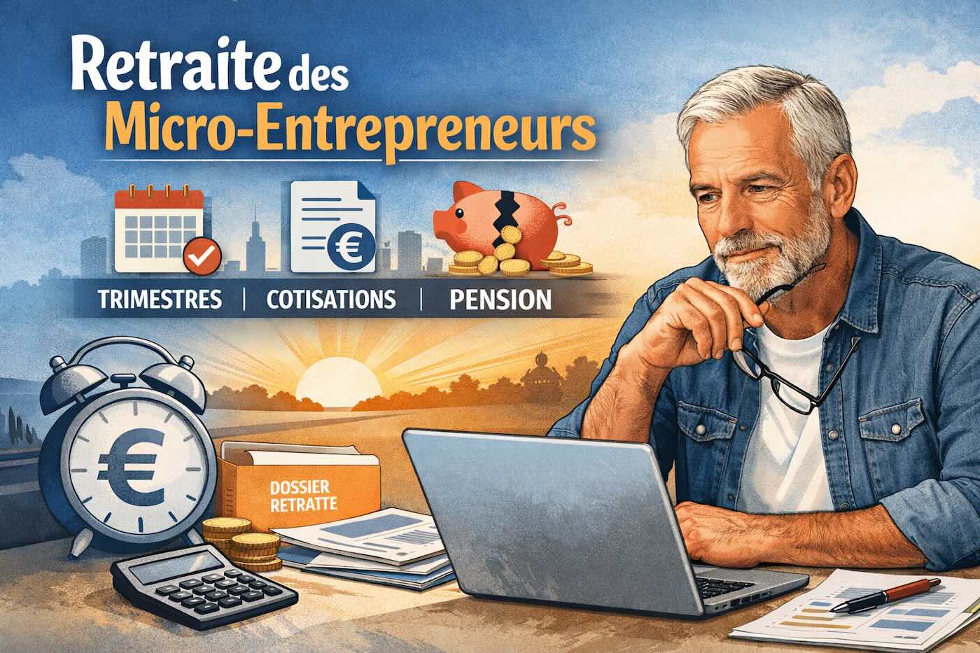 Micro-entrepreneur analysant ses droits à la retraite sur ordinateur, documents administratifs et relevé de carrière à l’appui.