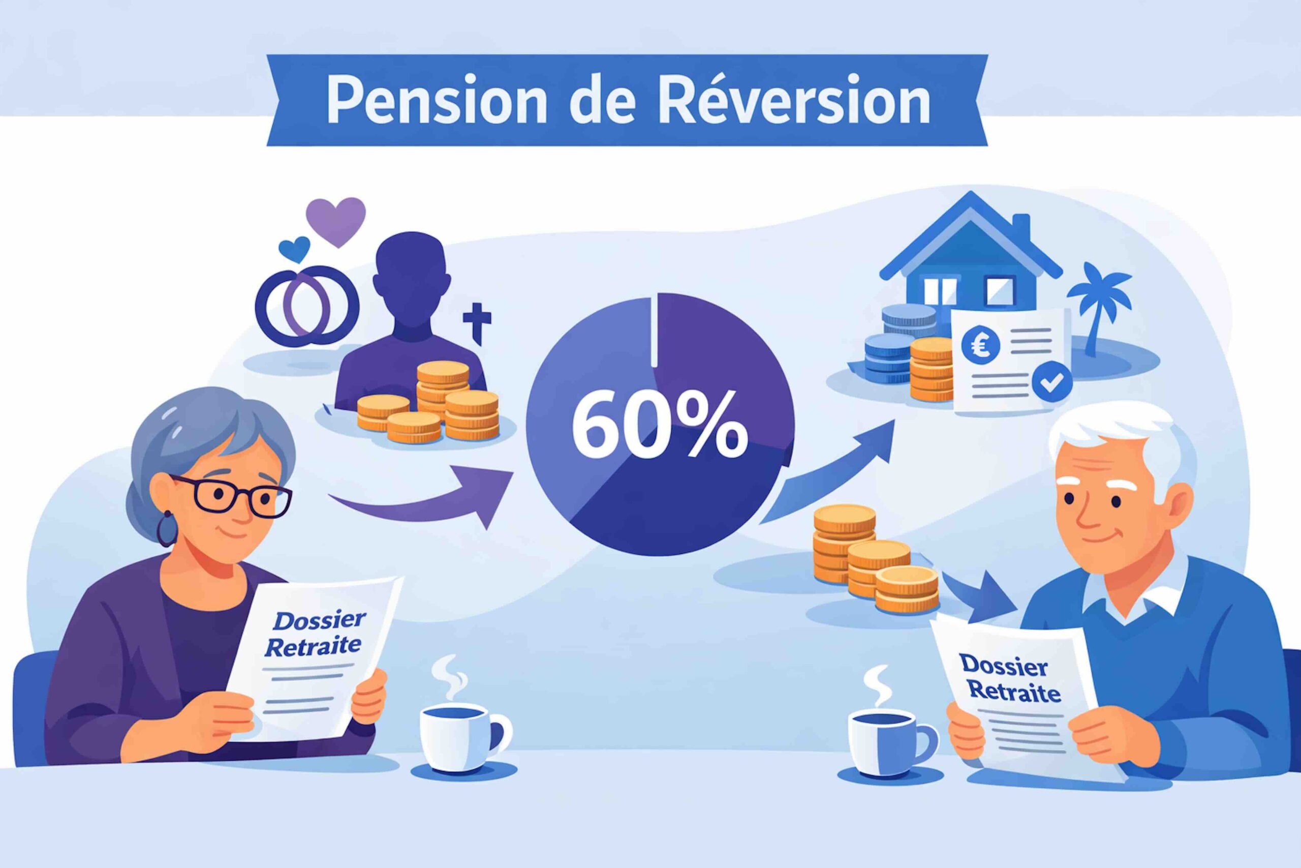 Illustration pédagogique de la pension de réversion en France montrant un conjoint survivant recevant 60 % de la retraite du conjoint décédé.