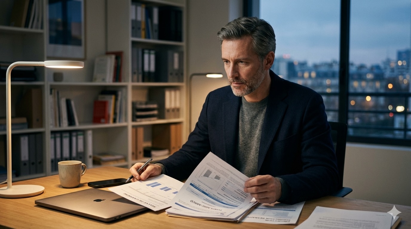 Photographie d'un homme d'affaires concentré, assis à son bureau à la tombée de la nuit, analysant des documents de retraite complémentaires Agirc-Arrco.