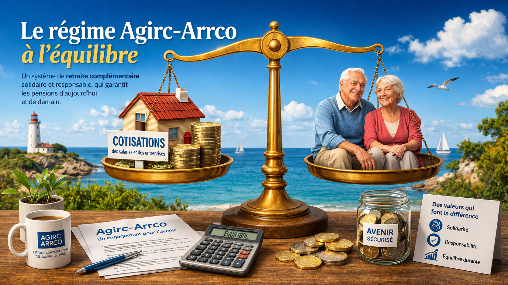 Illustration représentant l’équilibre financier du régime de retraite complémentaire Agirc-Arrco avec une balance symbolisant les pensions et les cotisations.